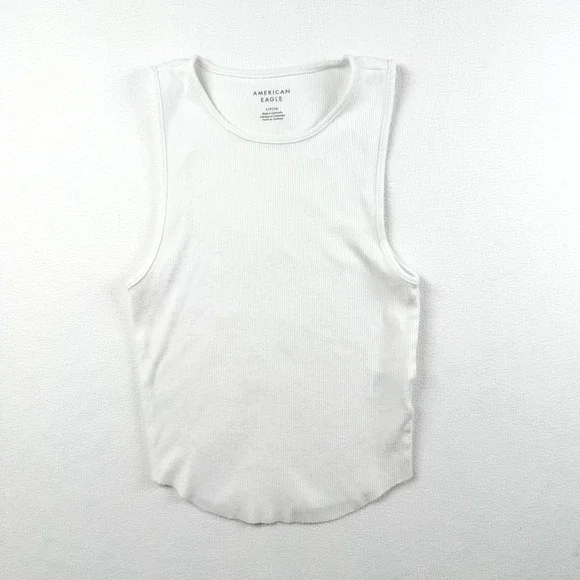 American Eagle Womens White Ribbed Crew Neck Tank Top Curved Hem Size Small - Picture 1 of 6